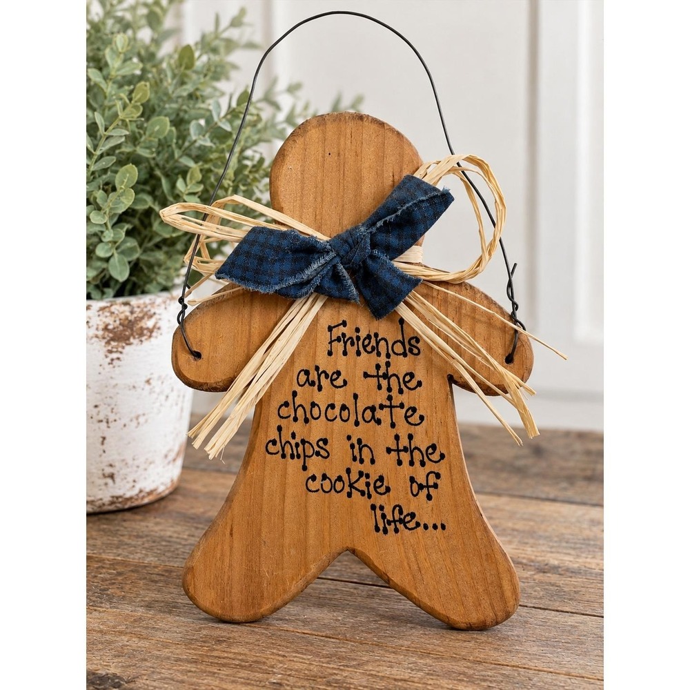Primitive Wooden Gingerbread Man Wall Decor Friends Chocolate Chips Quote Sign